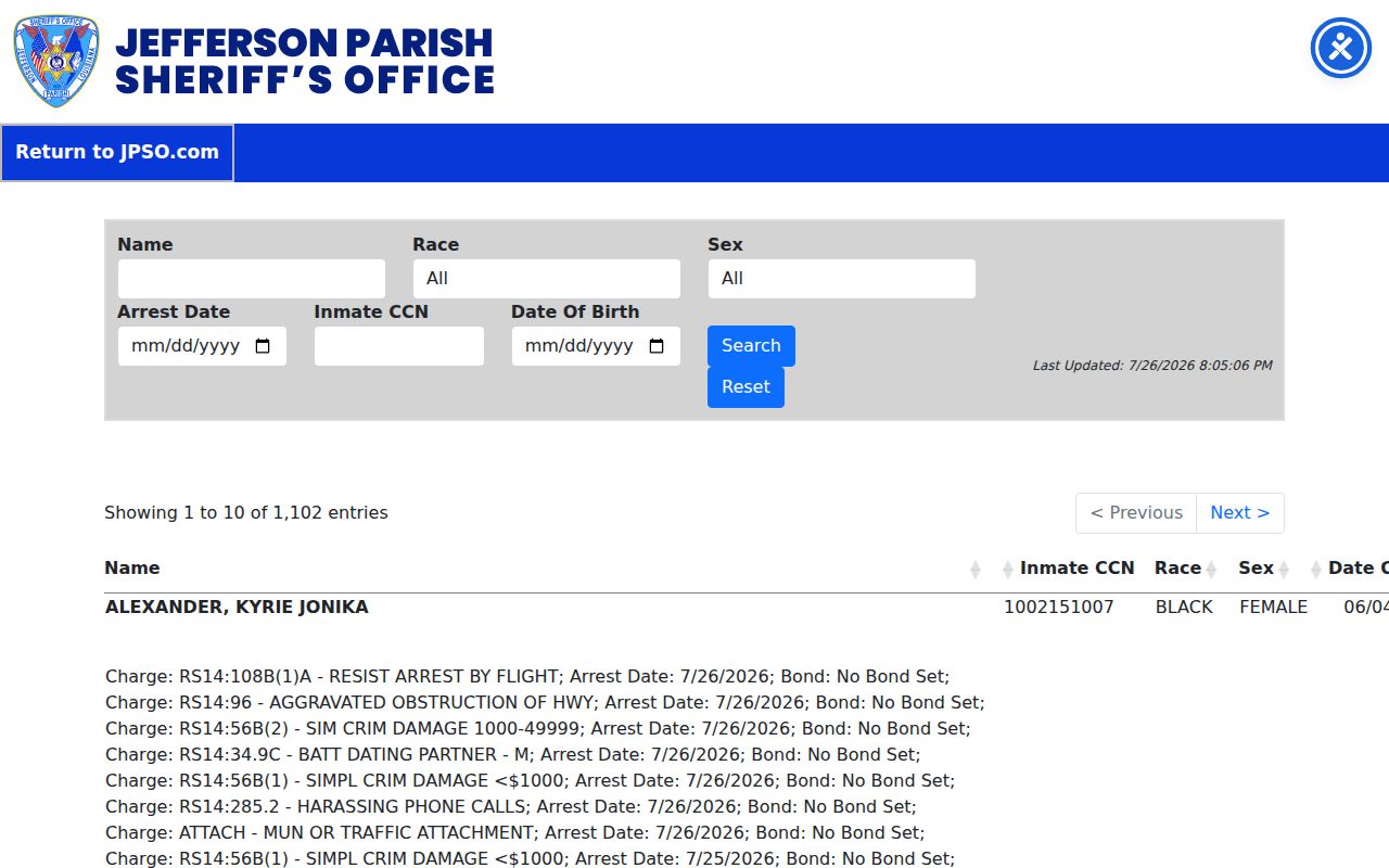 Jefferson Parish arrest history JPSO inmate search