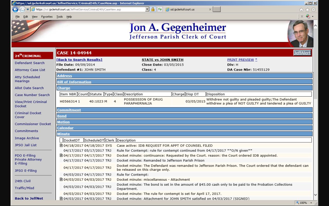 Jefferson Parish criminal court cases JeffNet search interface